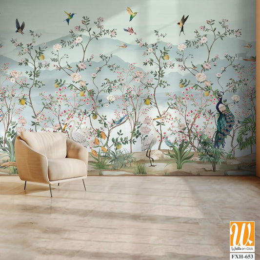 Chinoiserie - Inspired Wallpaper, Birds, Peacock, Tree, Watercolor background. [WP-FXH-653]