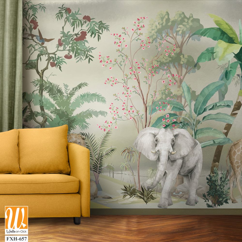 Traditional garden wallpaper, watercolor background, animal, flowers, watercolor tree. [WP-FXH-657]