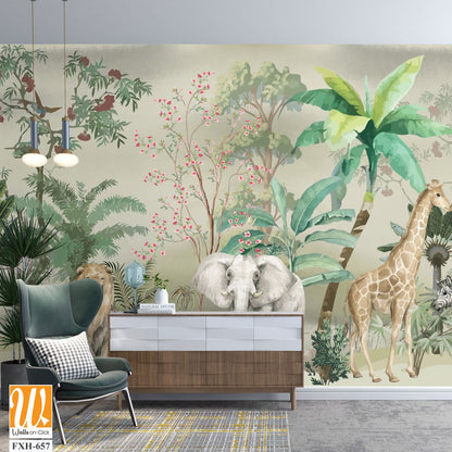 Traditional garden wallpaper, watercolor background, animal, flowers, watercolor tree. [WP-FXH-657]