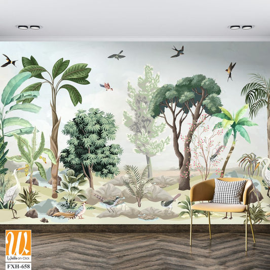 Chinoiserie Wallpaper, Garden, Jungle, animal, Beautiful Landscape, Birds, Watercolor tree. [WP-FXH-658]