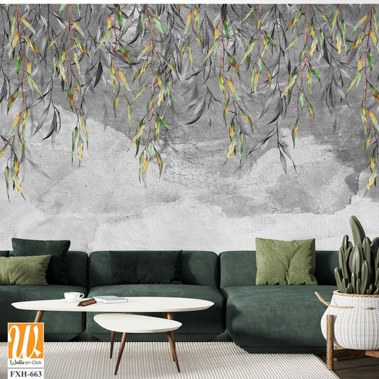 Branches with leaves hang from above on a textured gray background, art drawing, photo wallpaper for the interior. [WP-FXH-663]