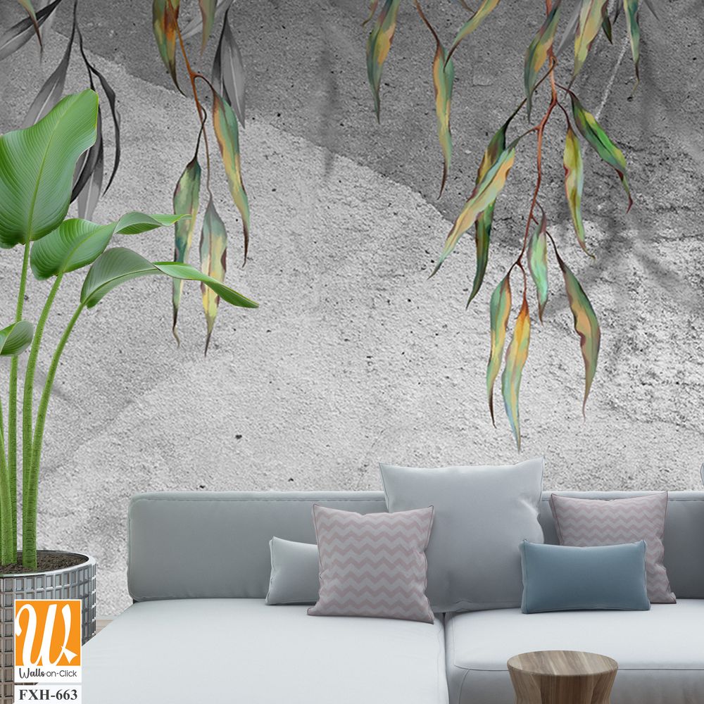 Branches with leaves hang from above on a textured gray background, art drawing, photo wallpaper for the interior. [WP-FXH-663]