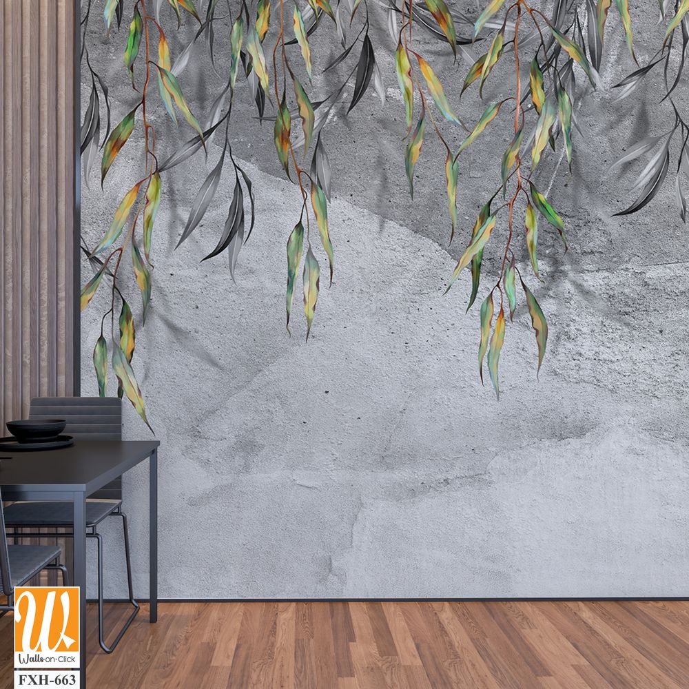 Branches with leaves hang from above on a textured gray background, art drawing, photo wallpaper for the interior. [WP-FXH-663]