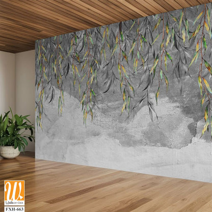 Branches with leaves hang from above on a textured gray background, art drawing, photo wallpaper for the interior. [WP-FXH-663]