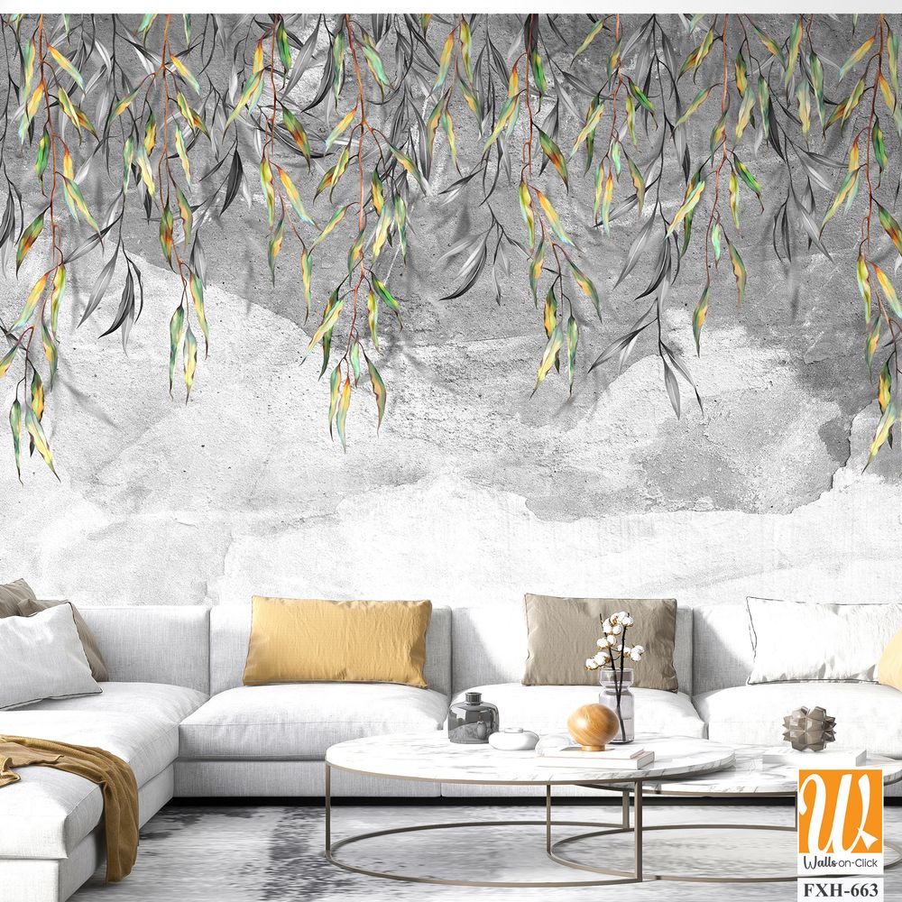 Branches with leaves hang from above on a textured gray background, art drawing, photo wallpaper for the interior. [WP-FXH-663]