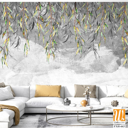 Branches with leaves hang from above on a textured gray background, art drawing, photo wallpaper for the interior. [WP-FXH-663]