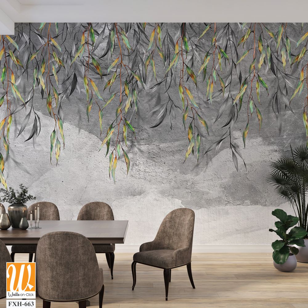 Branches with leaves hang from above on a textured gray background, art drawing, photo wallpaper for the interior. [WP-FXH-663]