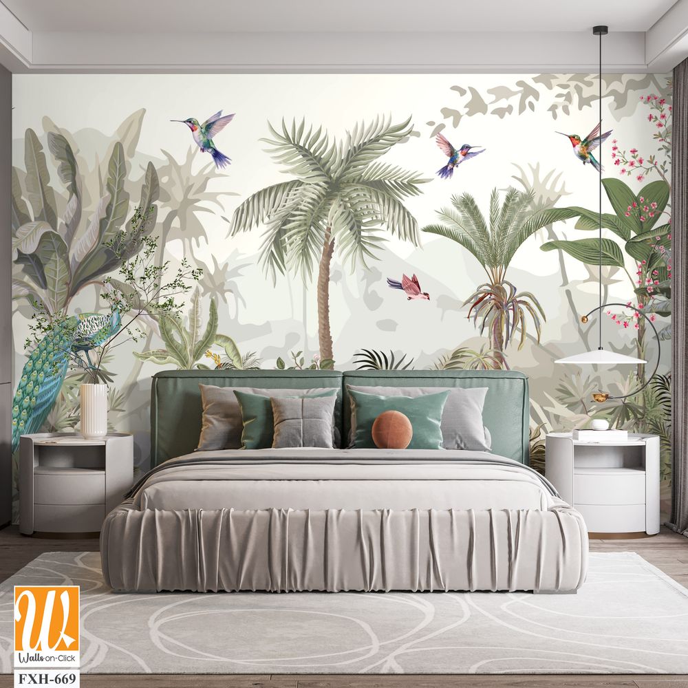 Palazzo wallpaper, Mughal Wallpaper, Mughal Background Illustration, Animals, Birds, Watercolor background. [WP-FXH-669]