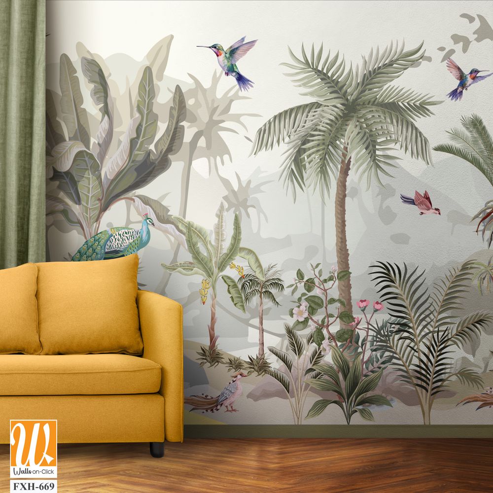 Palazzo wallpaper, Mughal Wallpaper, Mughal Background Illustration, Animals, Birds, Watercolor background. [WP-FXH-669]