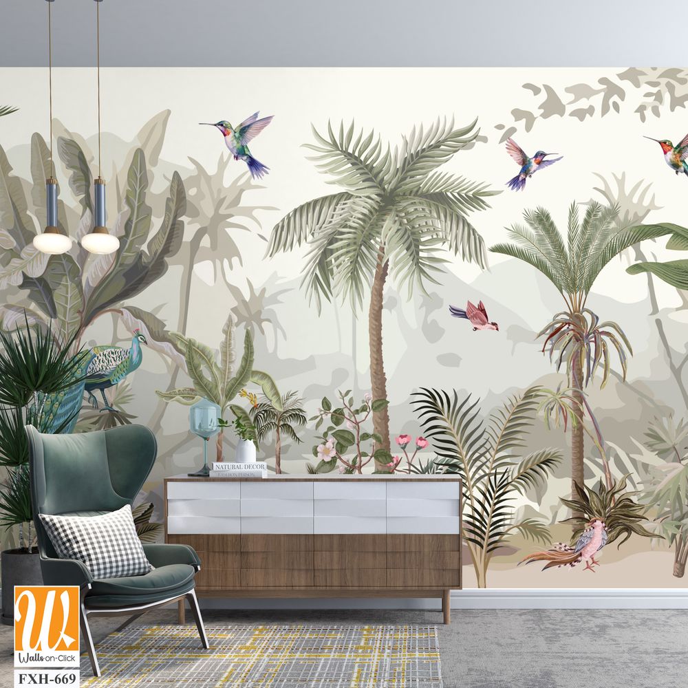 Palazzo wallpaper, Mughal Wallpaper, Mughal Background Illustration, Animals, Birds, Watercolor background. [WP-FXH-669]