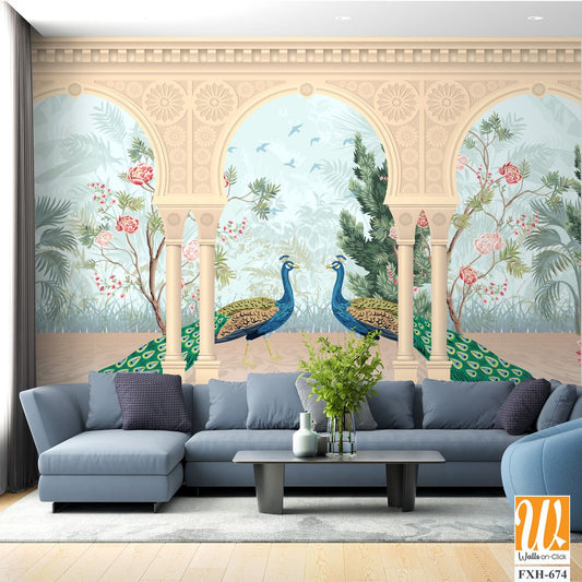 Traditional Mughal garden, arch, peacock, plant illustration. Chinoiserie Palace for wallpaper. [WP-FXH-674]