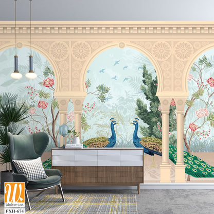 Traditional Mughal garden, arch, peacock, plant illustration. Chinoiserie Palace for wallpaper. [WP-FXH-674]