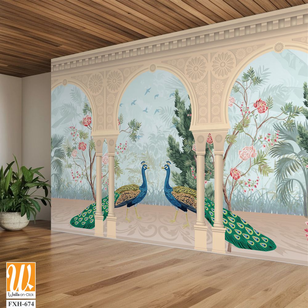 Traditional Mughal garden, arch, peacock, plant illustration. Chinoiserie Palace for wallpaper. [WP-FXH-674]