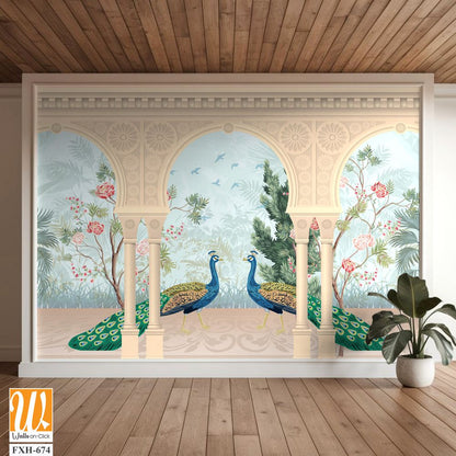 Traditional Mughal garden, arch, peacock, plant illustration. Chinoiserie Palace for wallpaper. [WP-FXH-674]