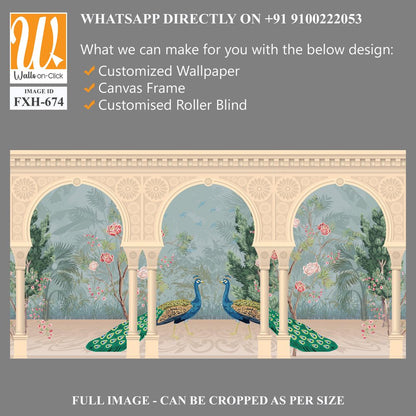 Traditional Mughal garden, arch, peacock, plant illustration. Chinoiserie Palace for wallpaper. [WP-FXH-674]