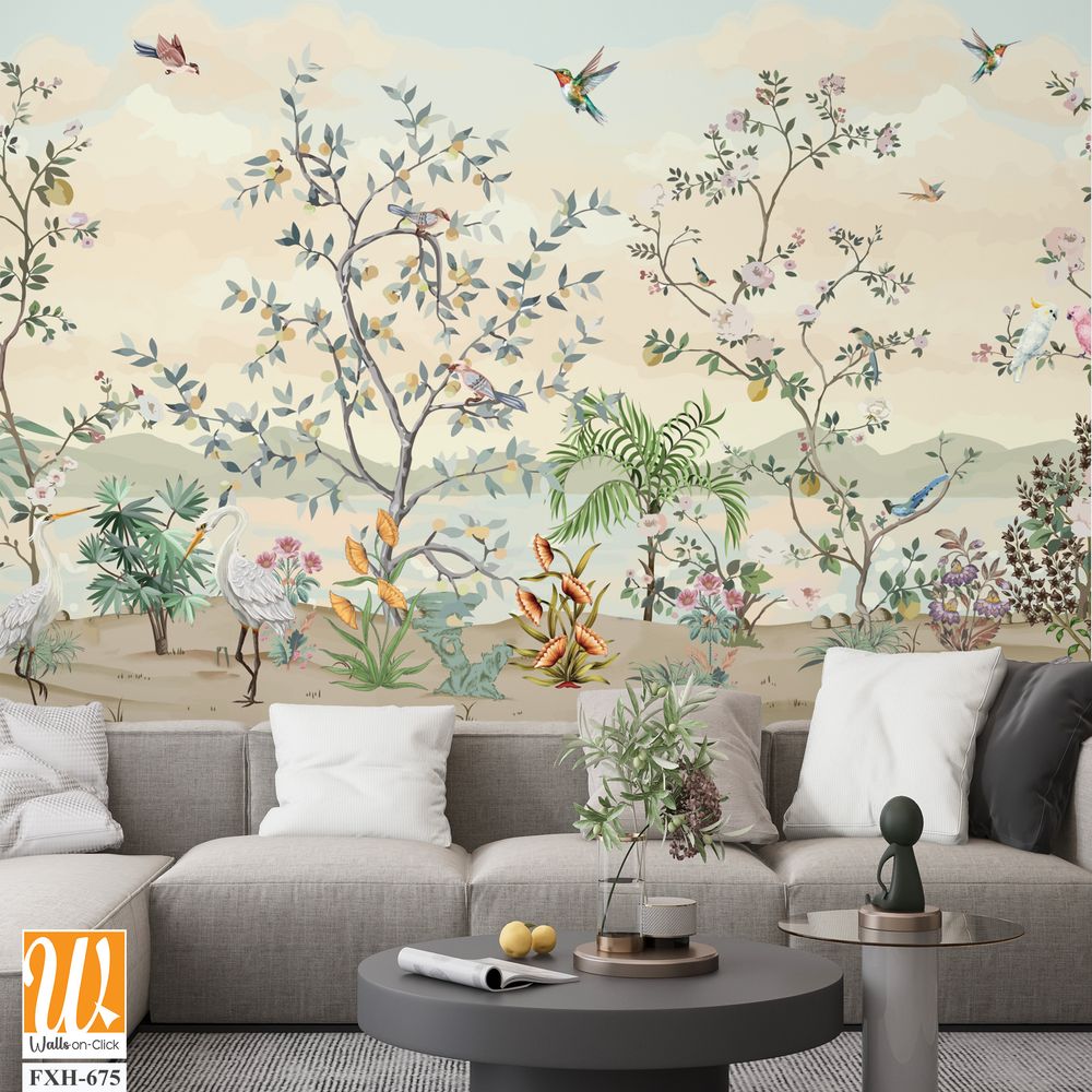 Scalamandre Blossom Chinoiserie Mural Wallpaper, Watercolor background, Wallpaper, Birds. [WP-FXH-675]