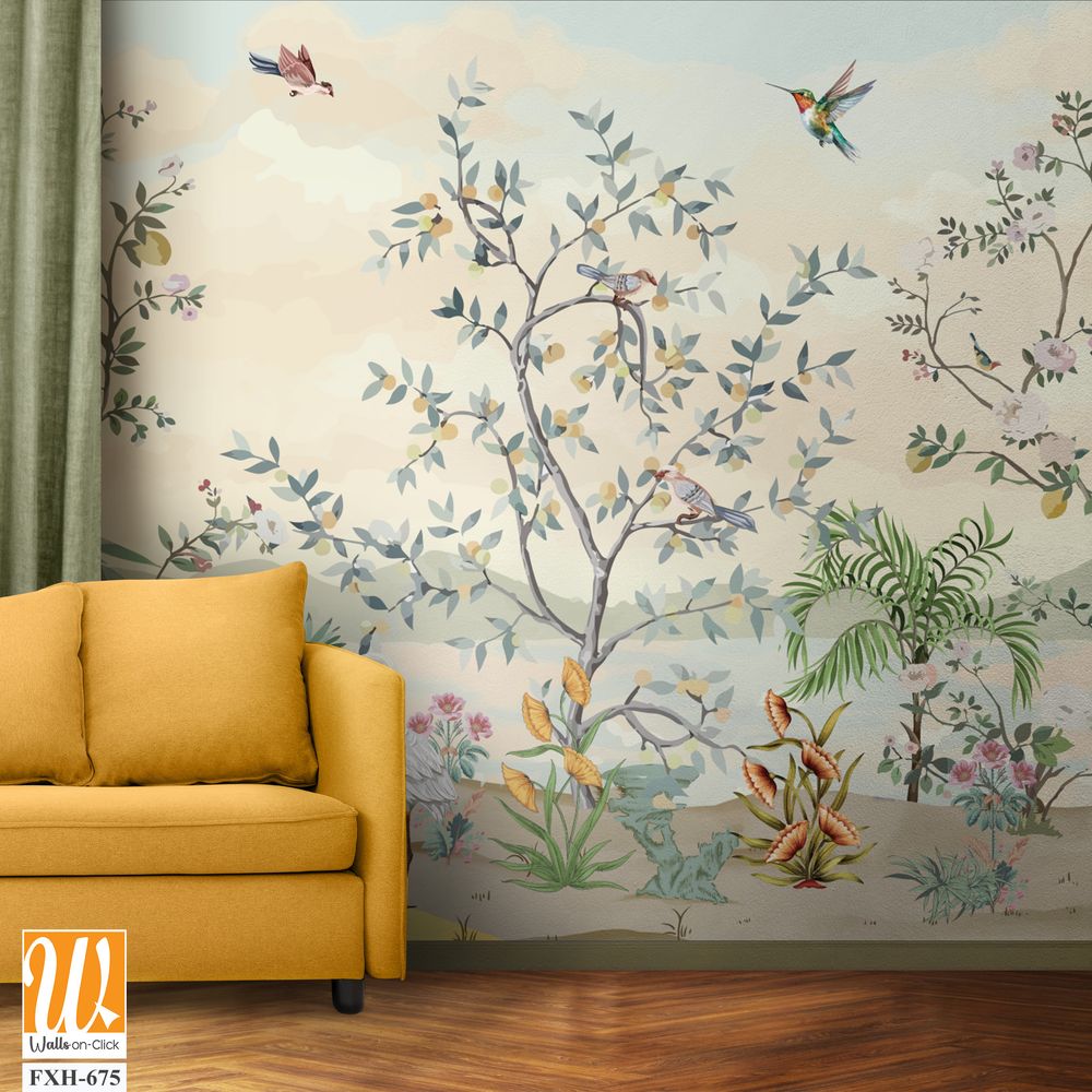 Scalamandre Blossom Chinoiserie Mural Wallpaper, Watercolor background, Wallpaper, Birds. [WP-FXH-675]