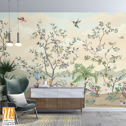 Scalamandre Blossom Chinoiserie Mural Wallpaper, Watercolor background, Wallpaper, Birds. [WP-FXH-675]