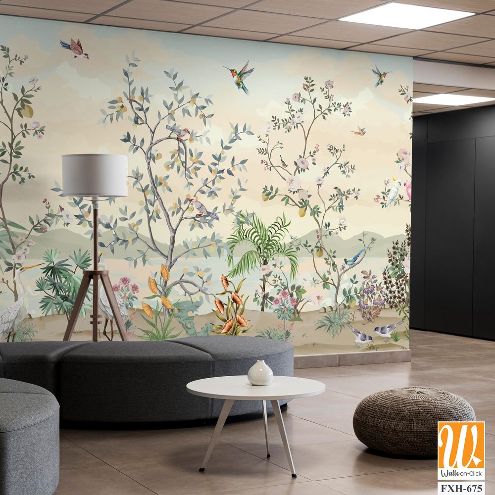 Scalamandre Blossom Chinoiserie Mural Wallpaper, Watercolor background, Wallpaper, Birds. [WP-FXH-675]