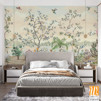 Scalamandre Blossom Chinoiserie Mural Wallpaper, Watercolor background, Wallpaper, Birds. [WP-FXH-675]