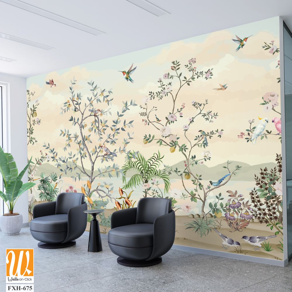 Scalamandre Blossom Chinoiserie Mural Wallpaper, Watercolor background, Wallpaper, Birds. [WP-FXH-675]