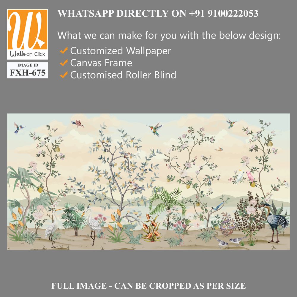 Scalamandre Blossom Chinoiserie Mural Wallpaper, Watercolor background, Wallpaper, Birds. [WP-FXH-675]