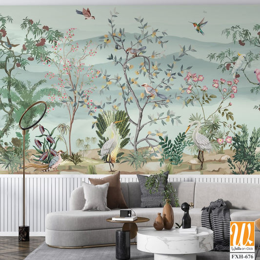 Abingdon Blush Wallpaper,Chinoiserie Mural Wallpaper, Watercolor background, Watercolor Tree and birds. [WP-FXH-676]