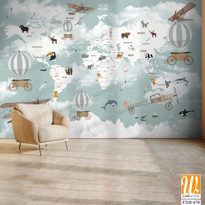 Kids world map, Animals world map, Educational world map wallpaper design for children's rooms [WP-FXH-678]