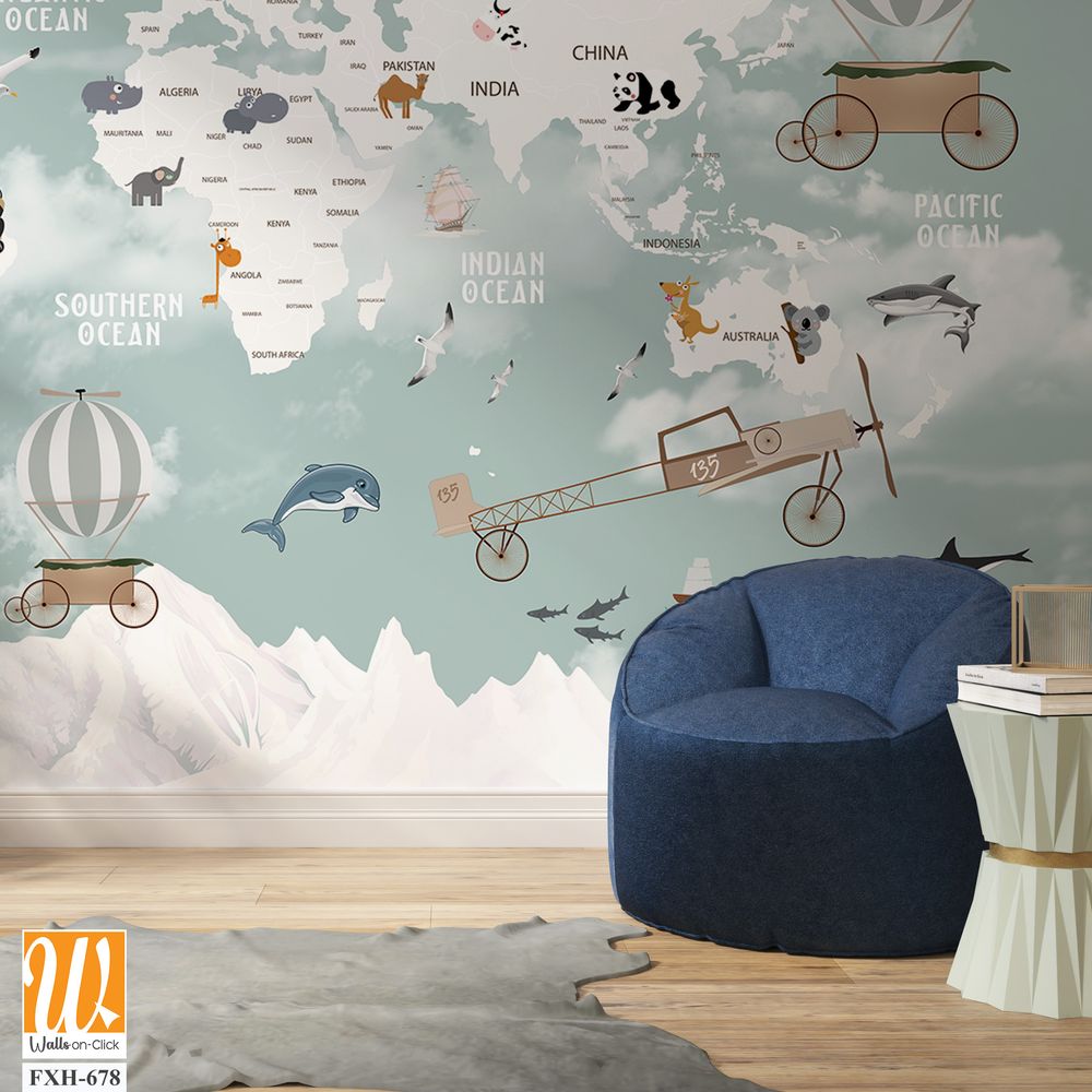 Kids world map, Animals world map, Educational world map wallpaper design for children's rooms [WP-FXH-678]