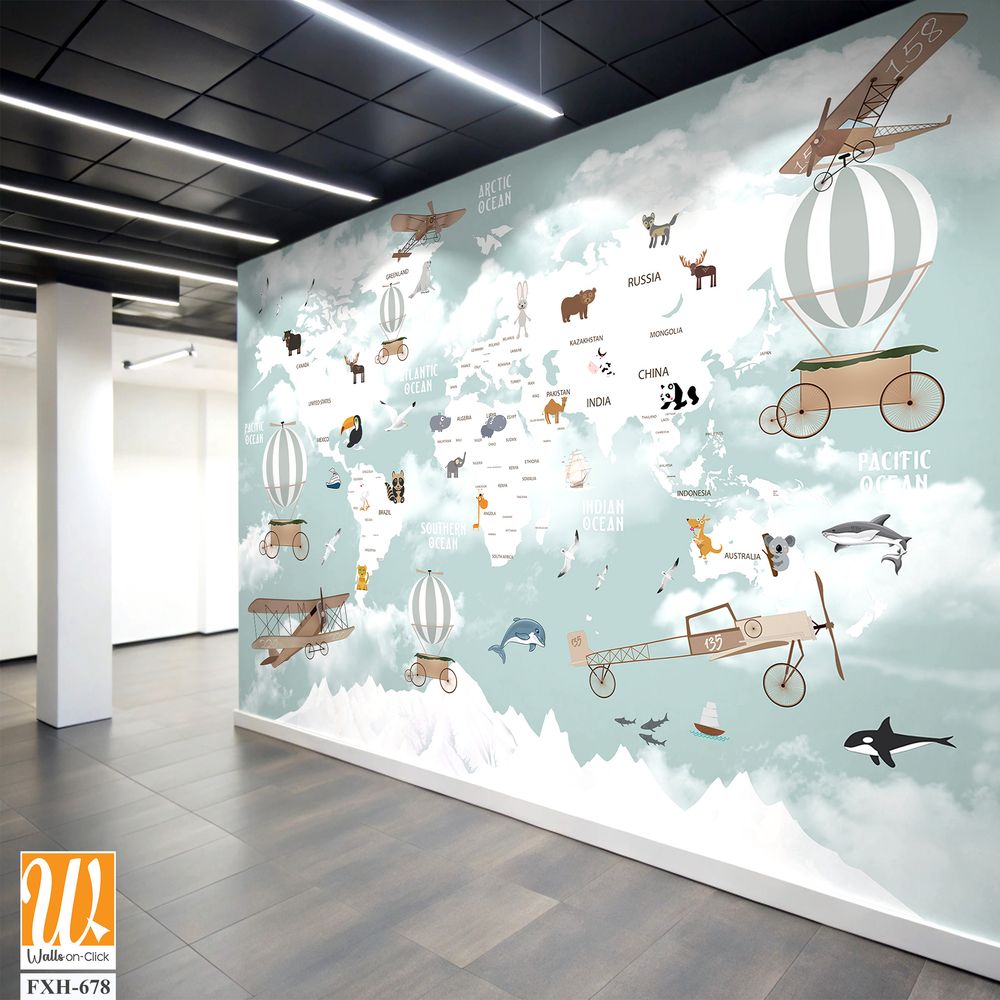 Kids world map, Animals world map, Educational world map wallpaper design for children's rooms [WP-FXH-678]