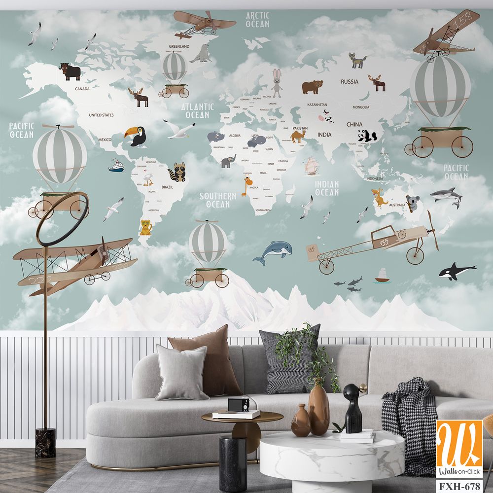 Kids world map, Animals world map, Educational world map wallpaper design for children's rooms [WP-FXH-678]