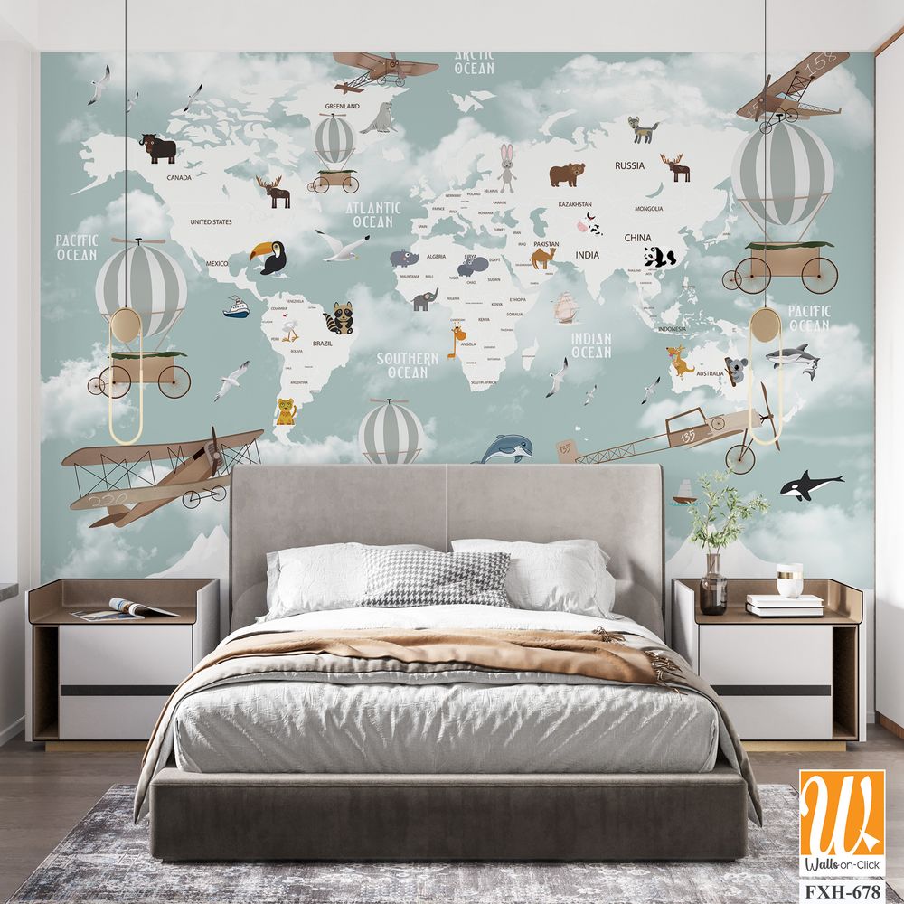 Kids world map, Animals world map, Educational world map wallpaper design for children's rooms [WP-FXH-678]