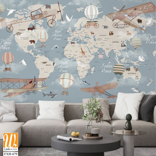 Kids world map, Animals world map, Educational world map wallpaper design for children's rooms [WP-FXH-679]