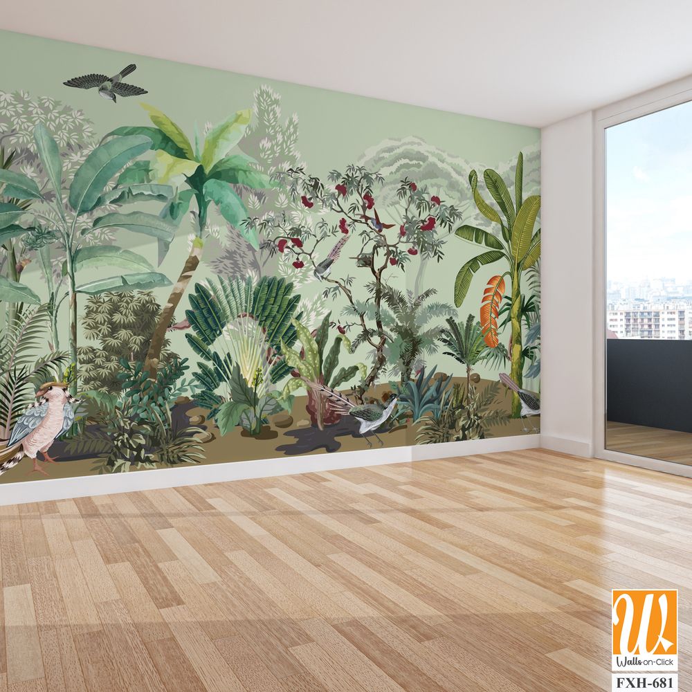 Wallpaper - Wall Mural - Tropical Plant, Birds and animal. [WP-FXH-681]