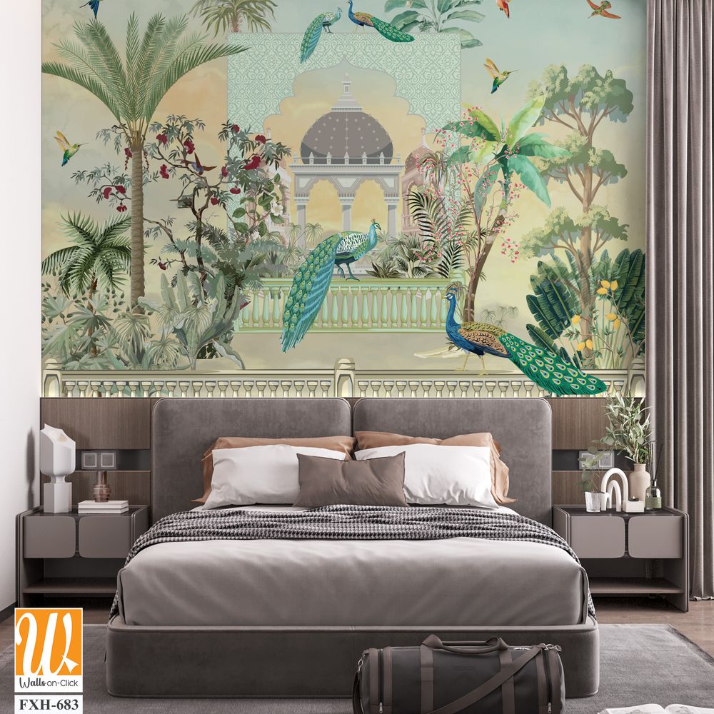 Traditional Mughal Islamic wallpaper design, Dome, Peacock, Arch and watercolor Background. [WP-FXH-683]