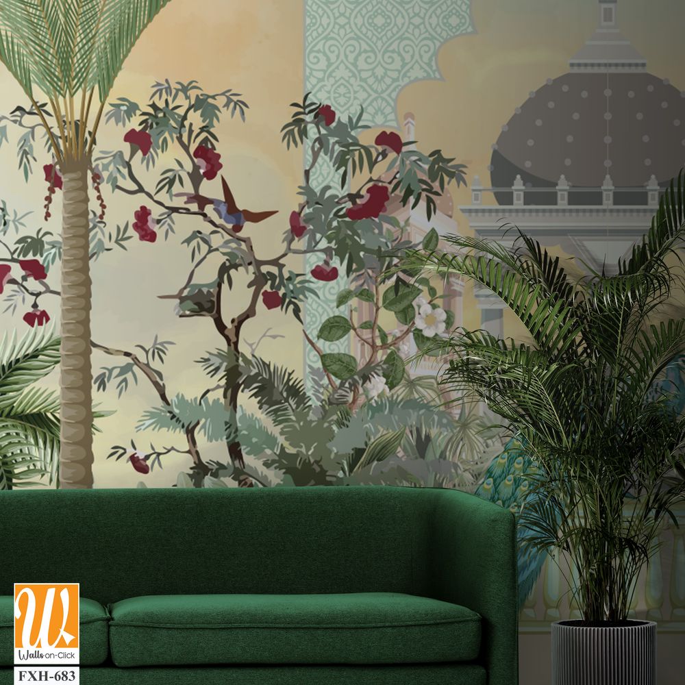 Traditional Mughal Islamic wallpaper design, Dome, Peacock, Arch and watercolor Background. [WP-FXH-683]