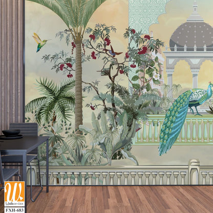 Traditional Mughal Islamic wallpaper design, Dome, Peacock, Arch and watercolor Background. [WP-FXH-683]