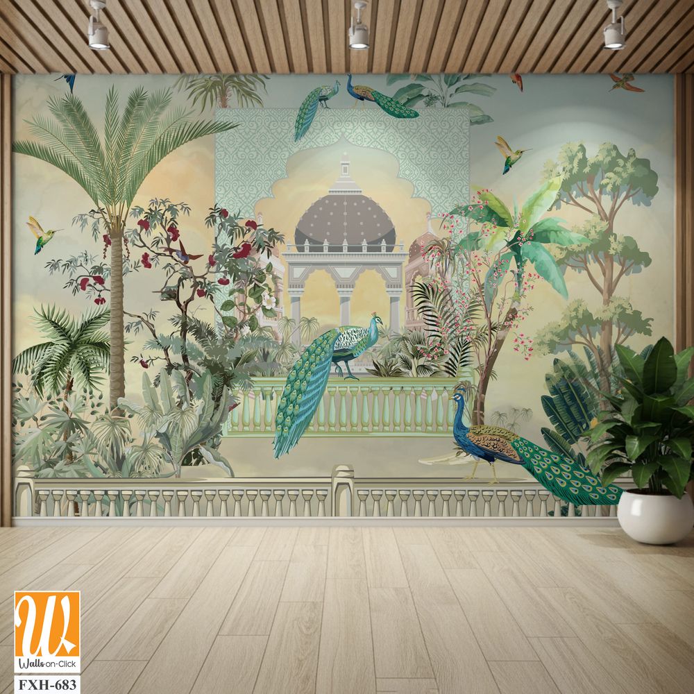 Traditional Mughal Islamic wallpaper design, Dome, Peacock, Arch and watercolor Background. [WP-FXH-683]