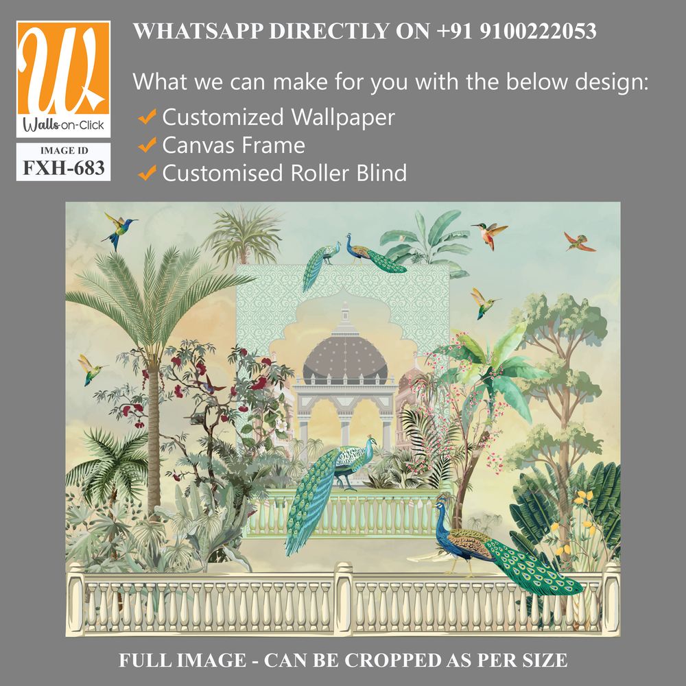 Traditional Mughal Islamic wallpaper design, Dome, Peacock, Arch and watercolor Background. [WP-FXH-683]