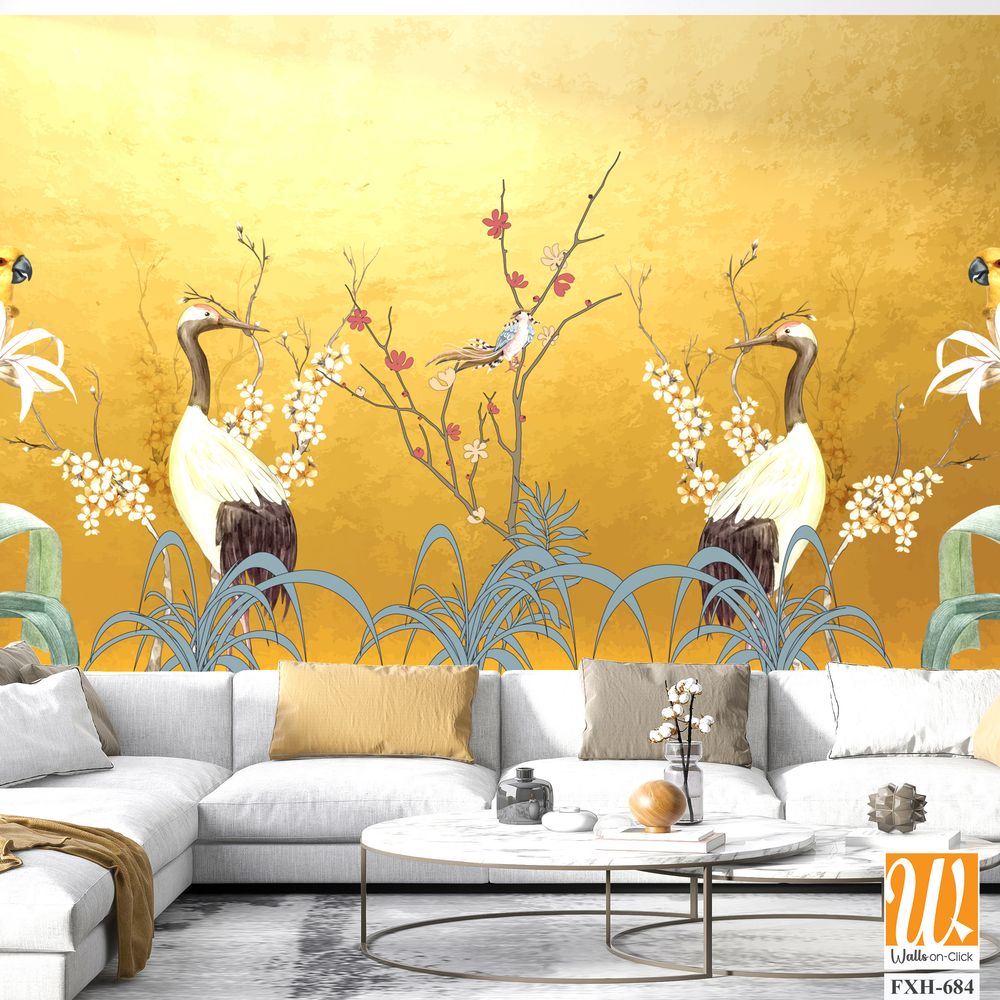 Art landscape background with gold texture. chinoiserie style with herons, birds and peonies illustrations. chinoiserie style Interior wallpaper. [WP-FXH-684]