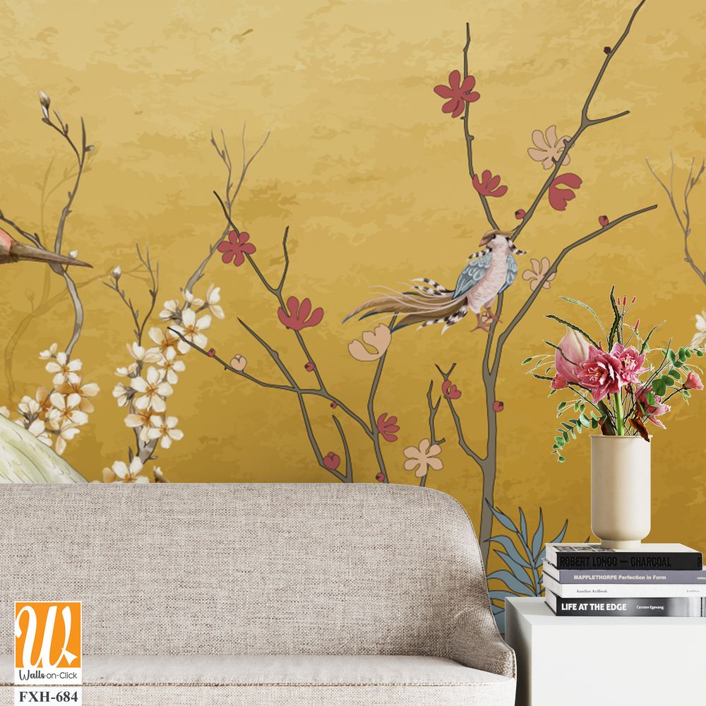 Art landscape background with gold texture. chinoiserie style with herons, birds and peonies illustrations. chinoiserie style Interior wallpaper. [WP-FXH-684]