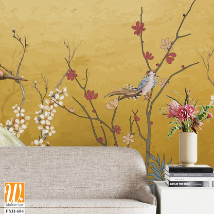 Art landscape background with gold texture. chinoiserie style with herons, birds and peonies illustrations. chinoiserie style Interior wallpaper. [WP-FXH-684]