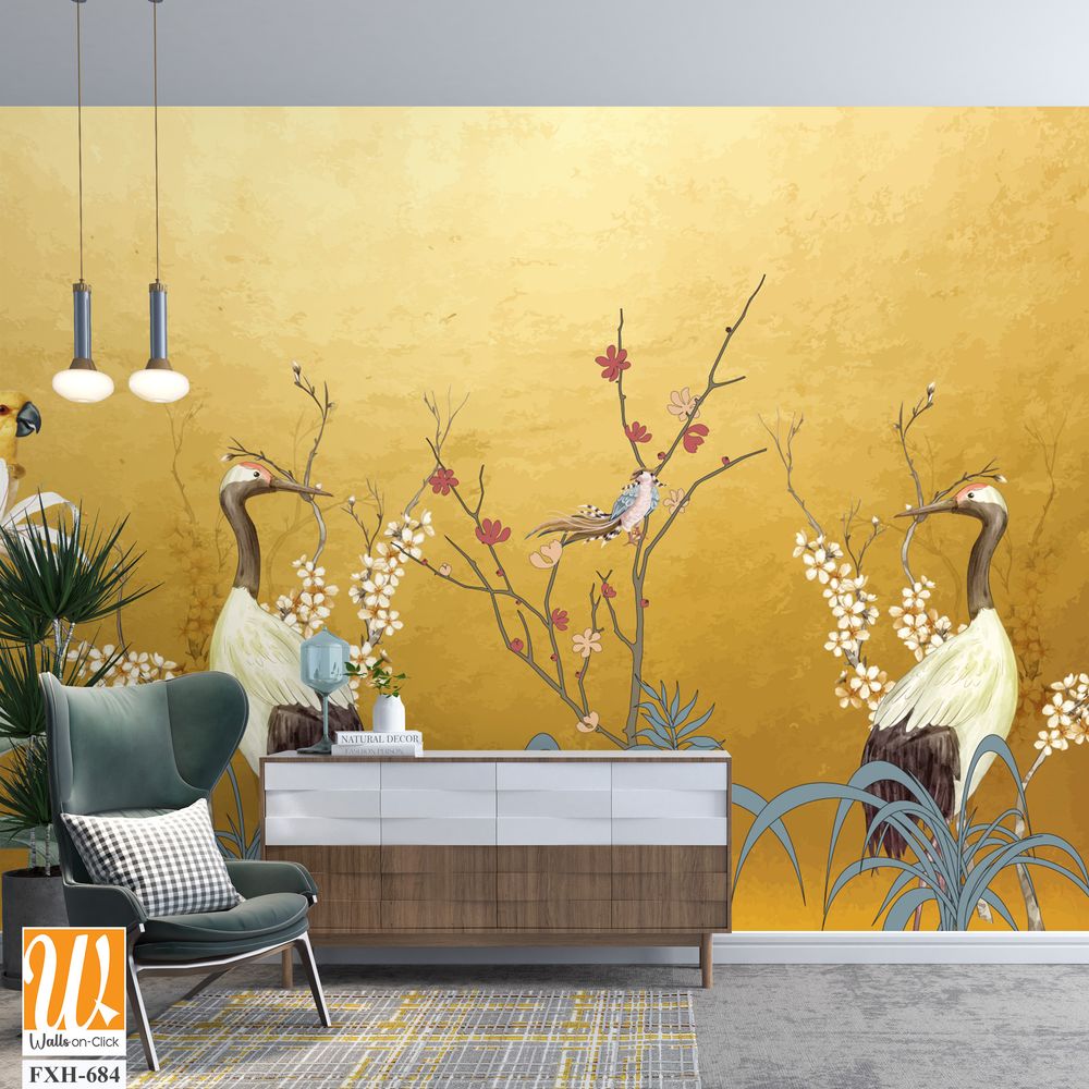 Art landscape background with gold texture. chinoiserie style with herons, birds and peonies illustrations. chinoiserie style Interior wallpaper. [WP-FXH-684]