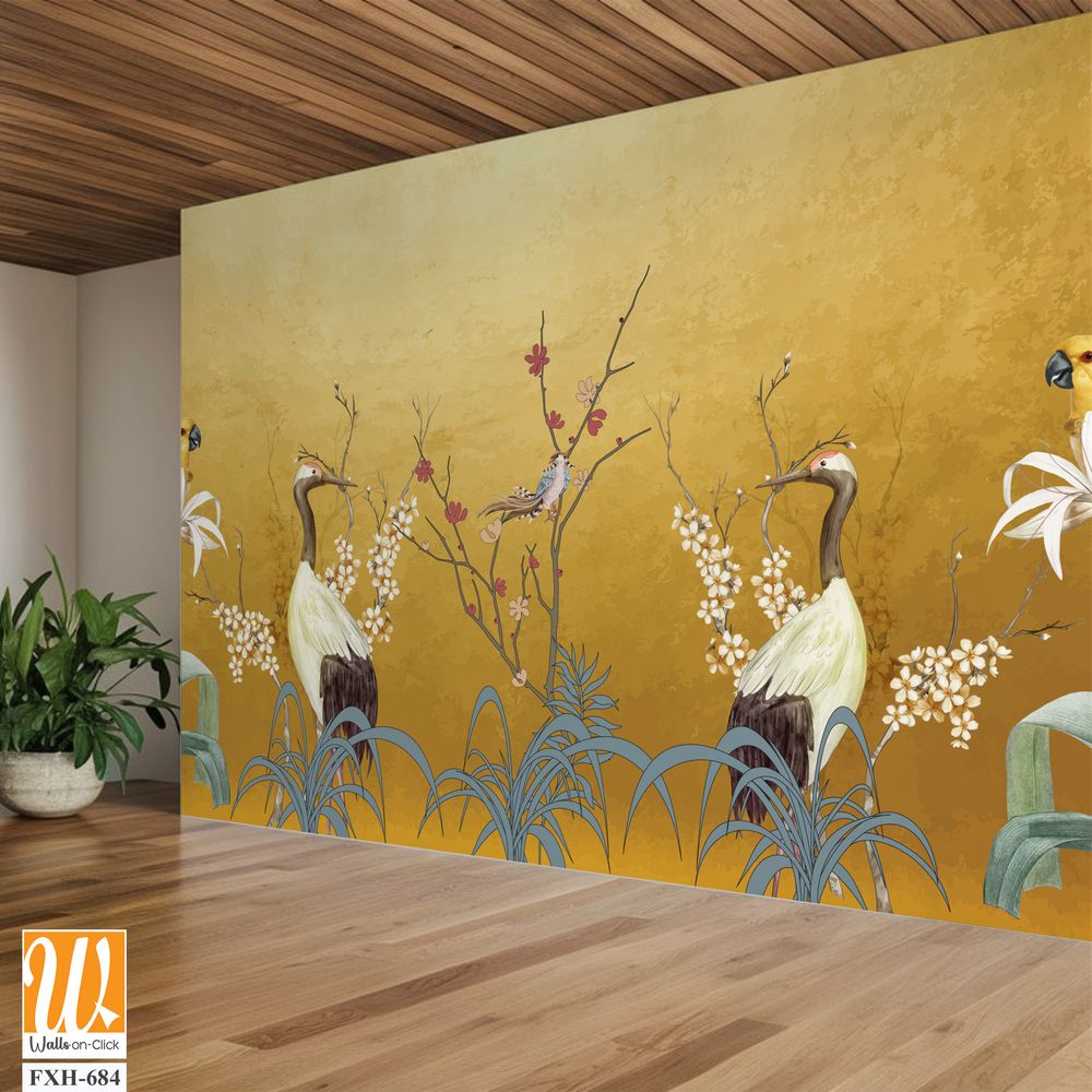 Art landscape background with gold texture. chinoiserie style with herons, birds and peonies illustrations. chinoiserie style Interior wallpaper. [WP-FXH-684]