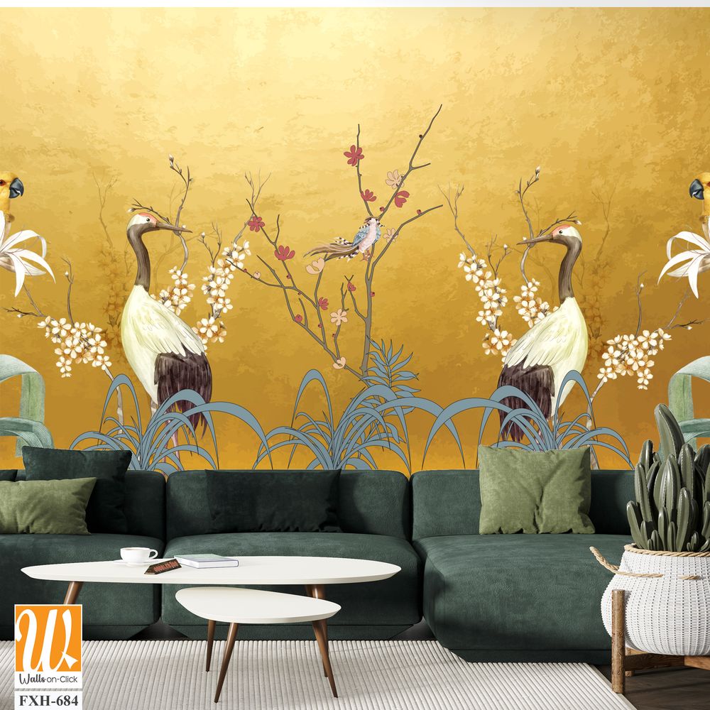 Art landscape background with gold texture. chinoiserie style with herons, birds and peonies illustrations. chinoiserie style Interior wallpaper. [WP-FXH-684]