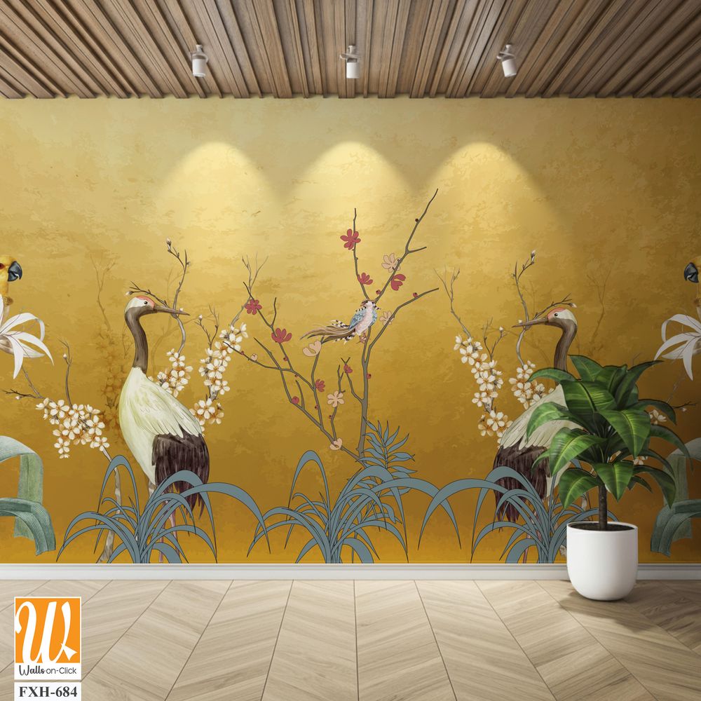 Art landscape background with gold texture. chinoiserie style with herons, birds and peonies illustrations. chinoiserie style Interior wallpaper. [WP-FXH-684]