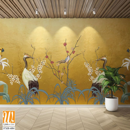 Art landscape background with gold texture. chinoiserie style with herons, birds and peonies illustrations. chinoiserie style Interior wallpaper. [WP-FXH-684]