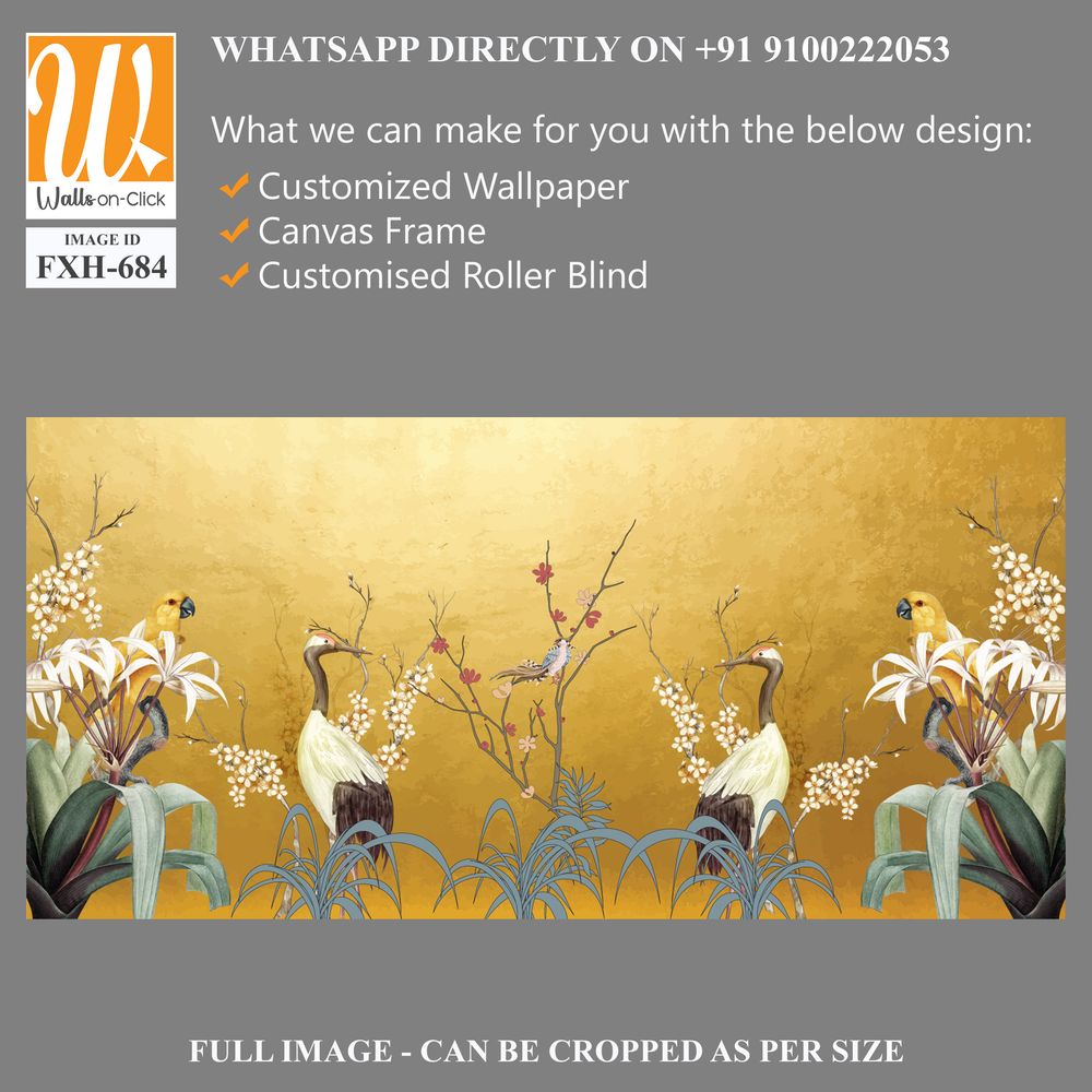 Art landscape background with gold texture. chinoiserie style with herons, birds and peonies illustrations. chinoiserie style Interior wallpaper. [WP-FXH-684]