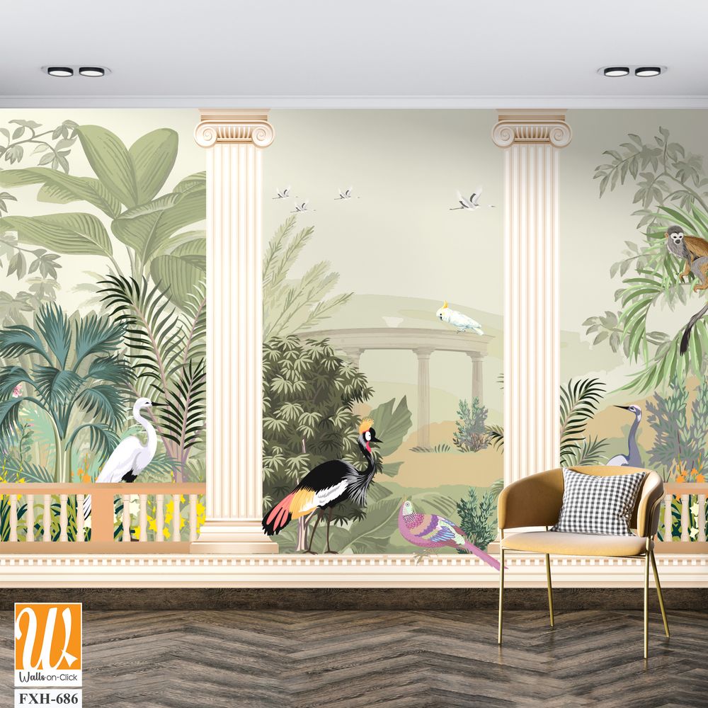 Ancient Greek Garden Wallpaper. Greek Forest Landscape Wall Mural. Greek jungle illustrations. [WP-FXH-686]