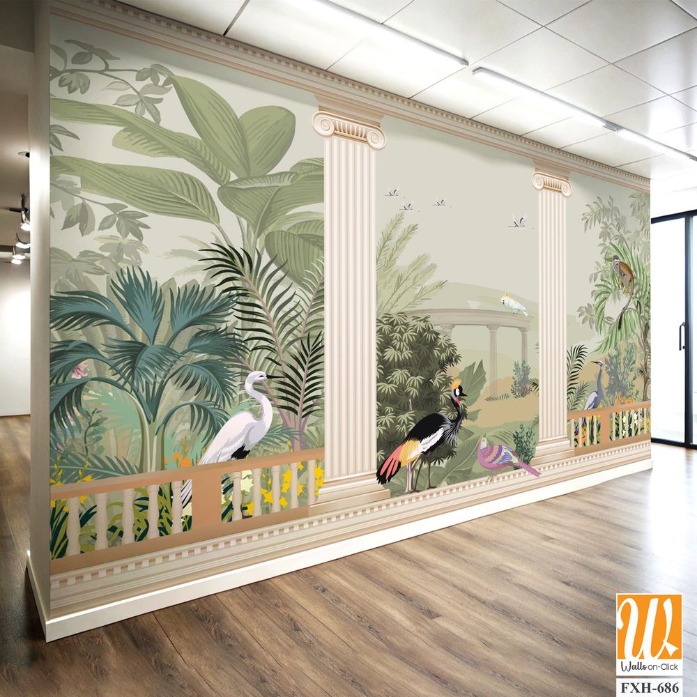 Ancient Greek Garden Wallpaper. Greek Forest Landscape Wall Mural. Greek jungle illustrations. [WP-FXH-686]